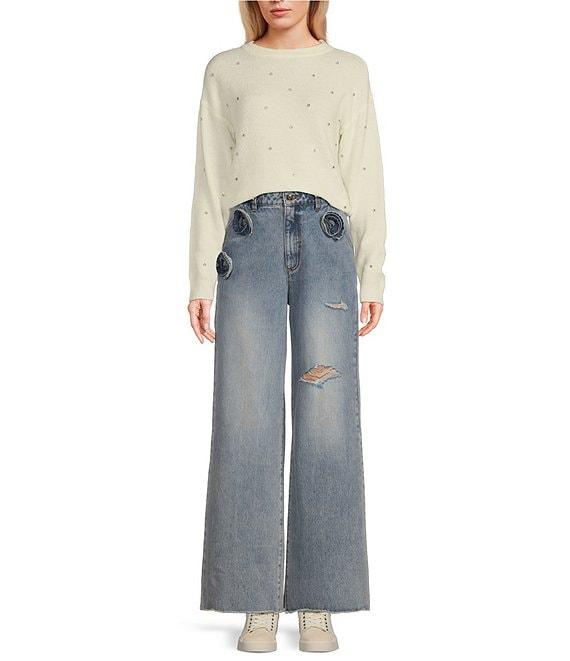 C&V Chelsea & Violet Round Neck Long Sleeve Scattered Rhinestones Sweater Product Image