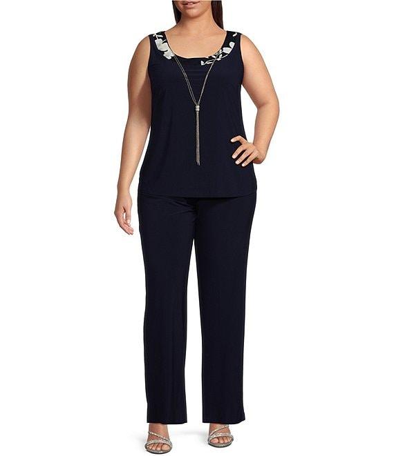 R & M Richards Plus Size 3/4 Bell Sleeve Crew Neck Embroidered Sequin Lace 3-Piece Pant Set Product Image