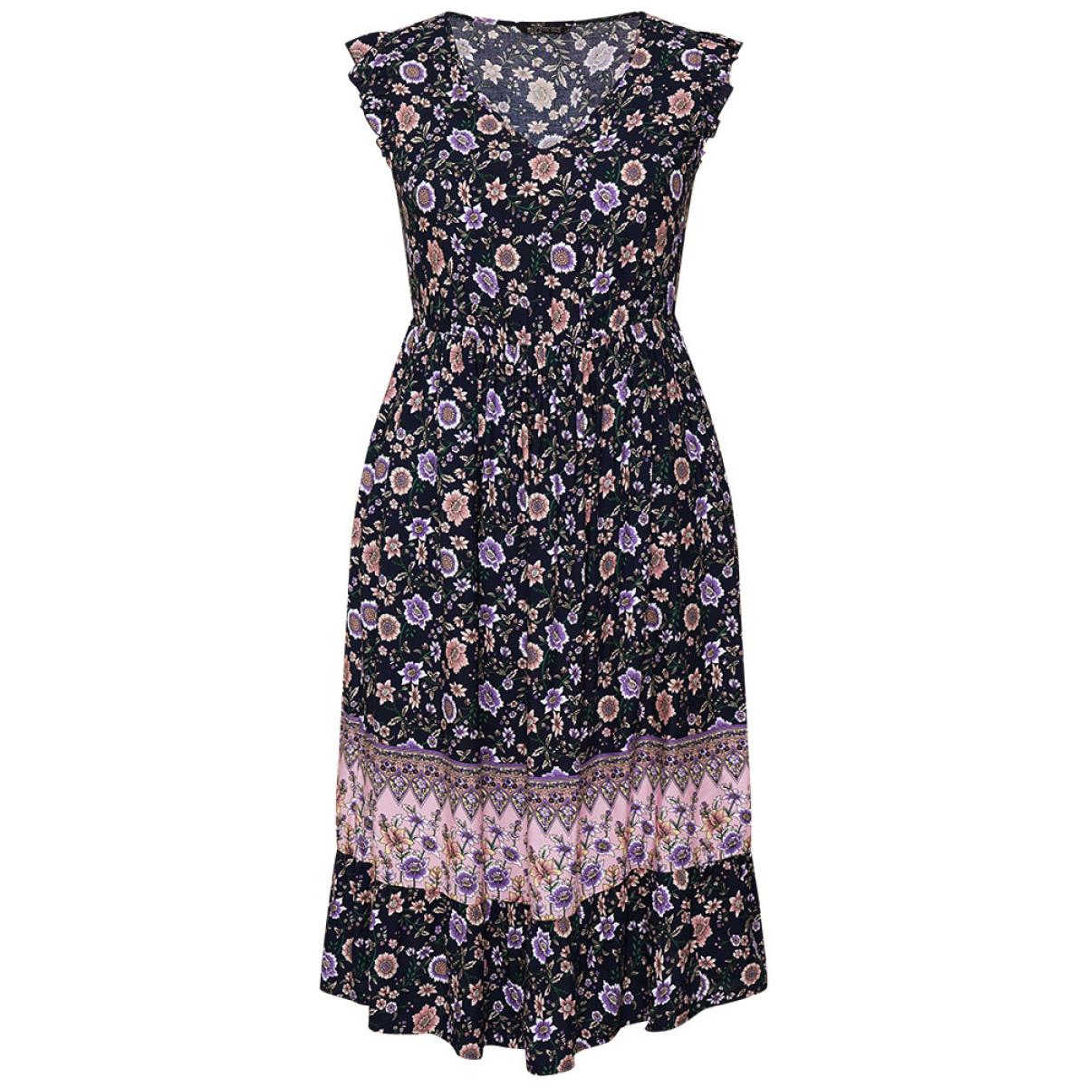 Plus Size Bandana Print Contrast Ruffle Cap Sleeve Pocket Dress Indigo Women Elegant Gathered V-neck Sleeveless Curvy Midi Dress BloomChic 10/M Product Image