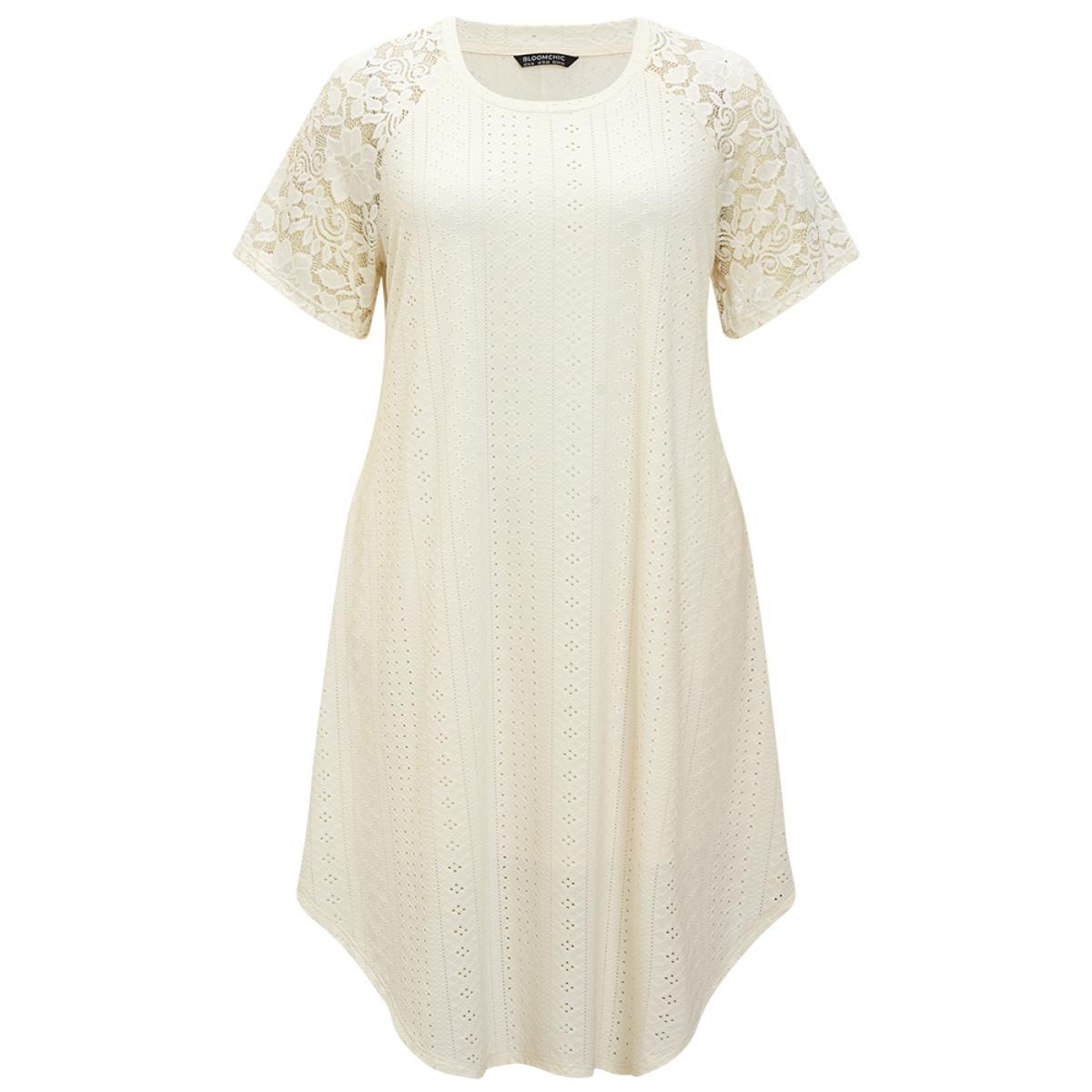 Plus Size Plain Lace Sleeve Pocket Arc Hem Broderie Anglaise Dress Beige Women Casual Lined Round Neck Short sleeve Curvy Midi Dress BloomChic 22-24/3X Product Image