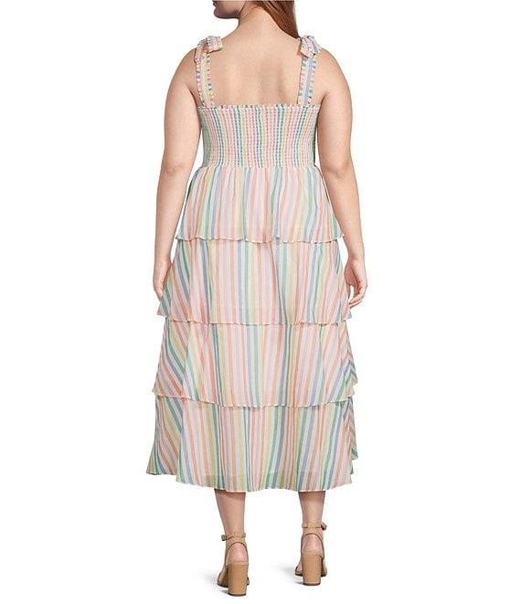 Layered With Love Plus Size Striped Square Neck Sleeveless Tie Straps Tiered Ruffle Dress Product Image