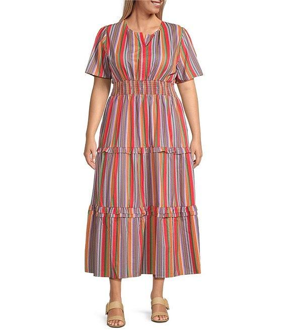 Calessa Plus Size Stripe Round Split Neck Short Sleeve Midi Dress Product Image