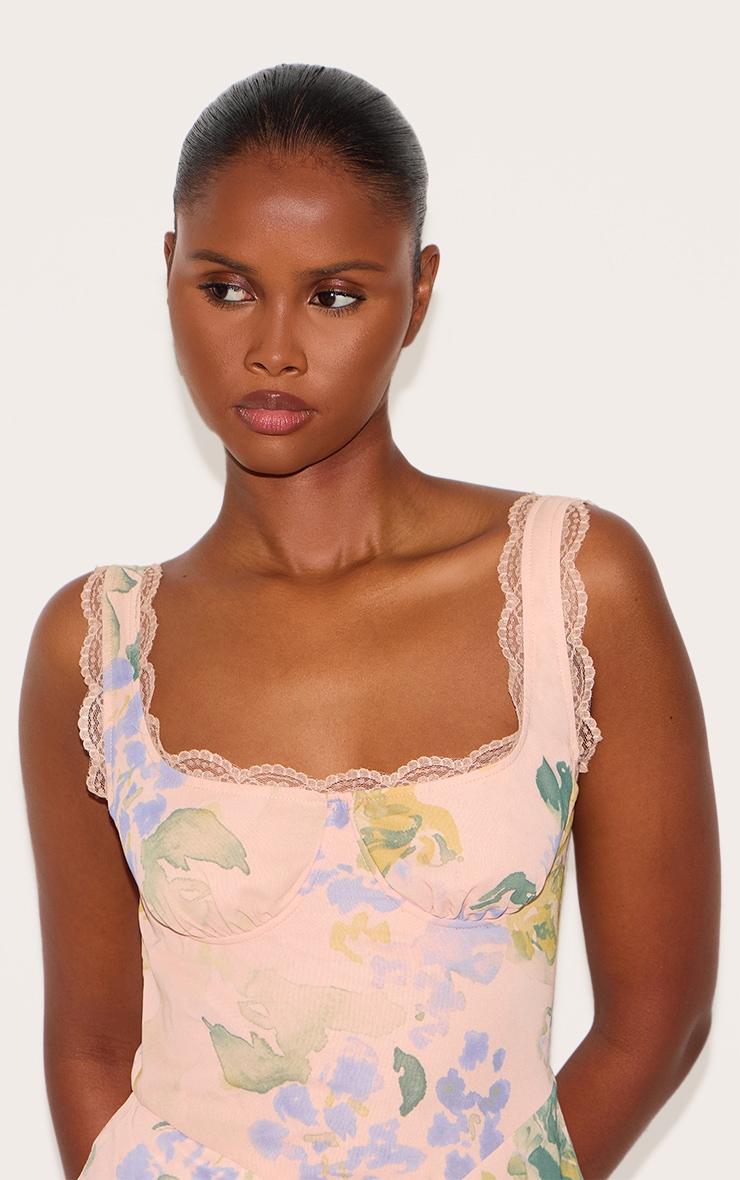 Pink Floral Printed Chiffon Corset Detail Flared Jumpsuit Product Image