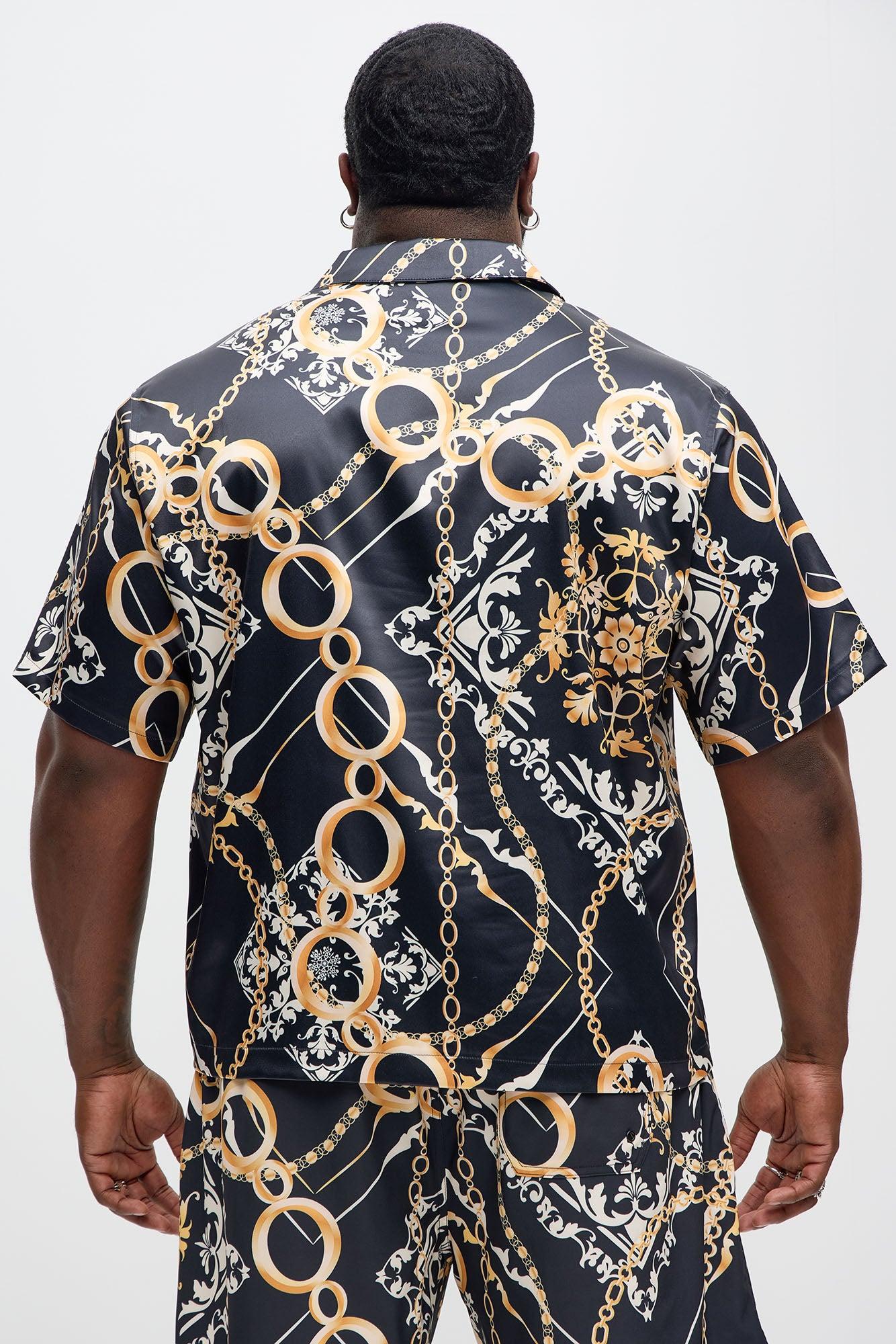 Baroque Chain Cuban Collar Button Up Shirt - Black/Gold Product Image