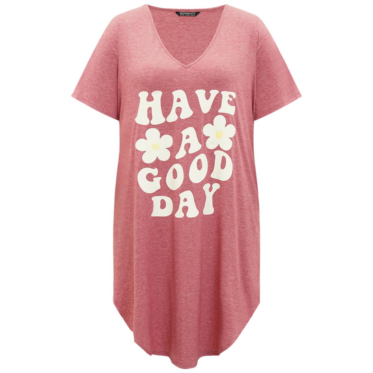 Plus Size Supersoft Essentials Letter & Floral Print V Neck Curved Hem Dress DustyPink Women Casual Plain Curvy Midi Dress BloomChic 28/5X Product Image