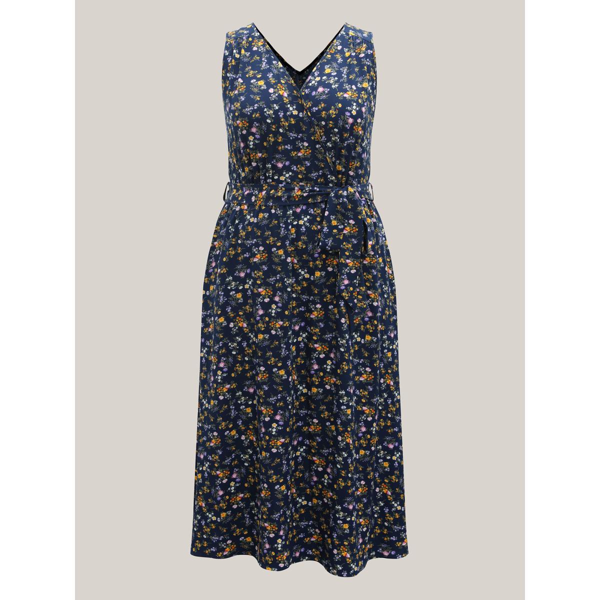 Plus Size Stretch Woven Floral Belted Pockets Midi Dress Navy Women Elegant Belted Overlap Collar Sleeveless Curvy BloomChic 22-24/3X Product Image