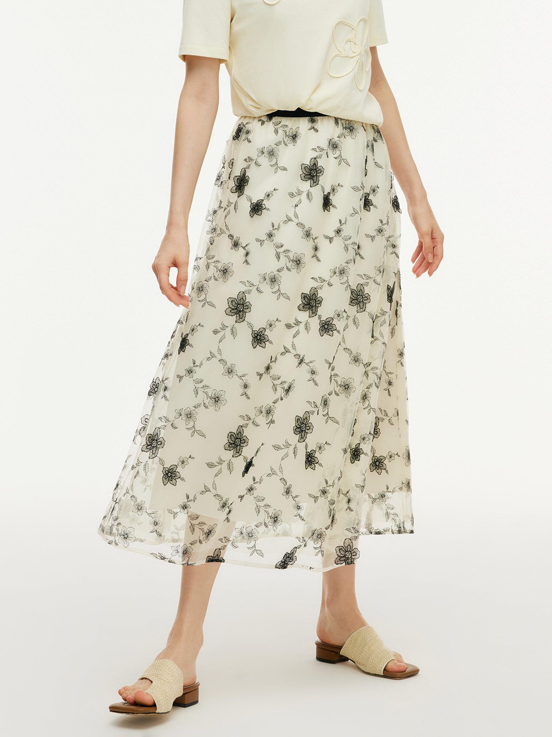 Floral Embroidered Women Elastic Waist Mesh Skirt Product Image
