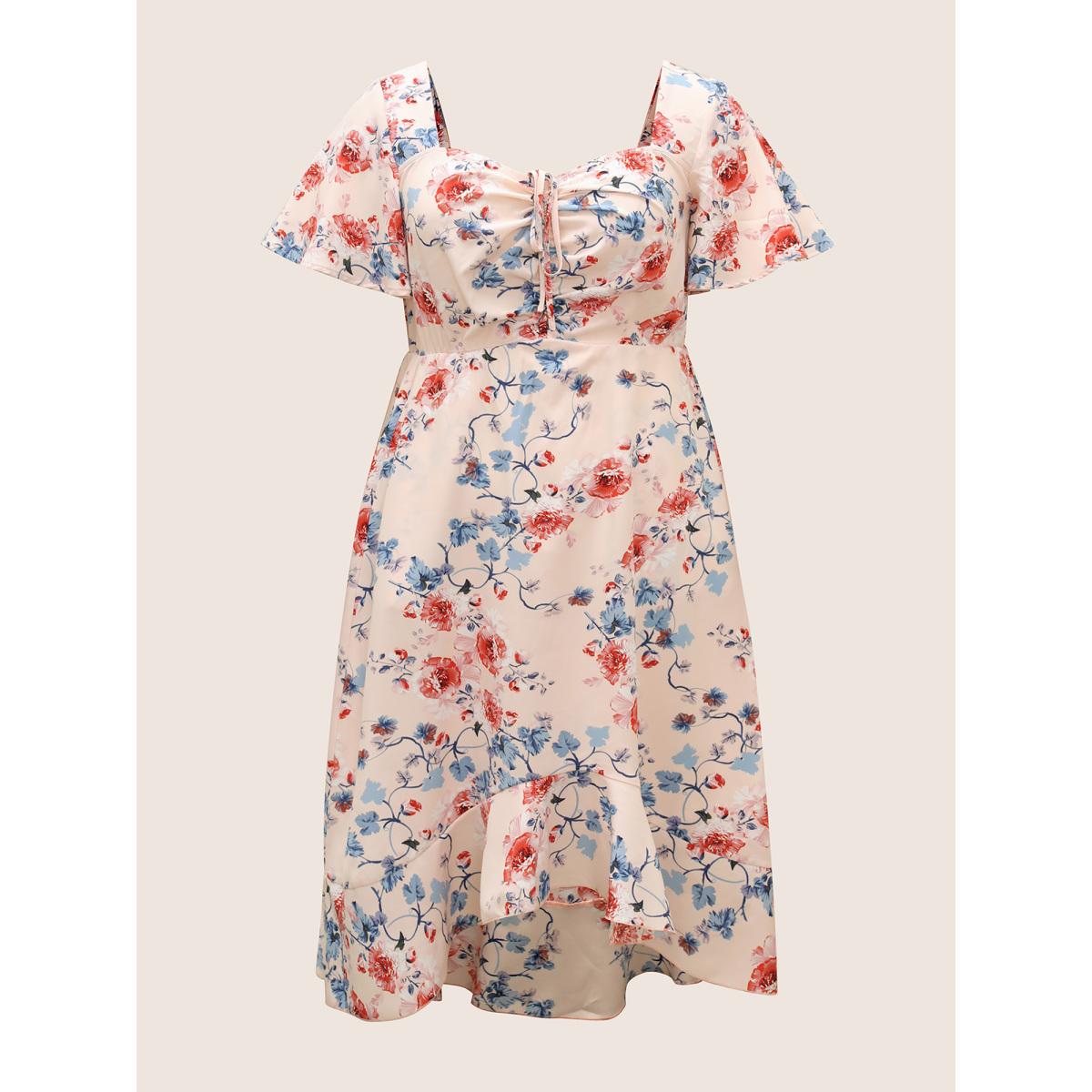 Plus Size Square Neck Floral Print Gathered Drawstring Dress MistyRose Women Elegant Non Square Neck Short sleeve Curvy Midi Dress BloomChic 26/4X Product Image