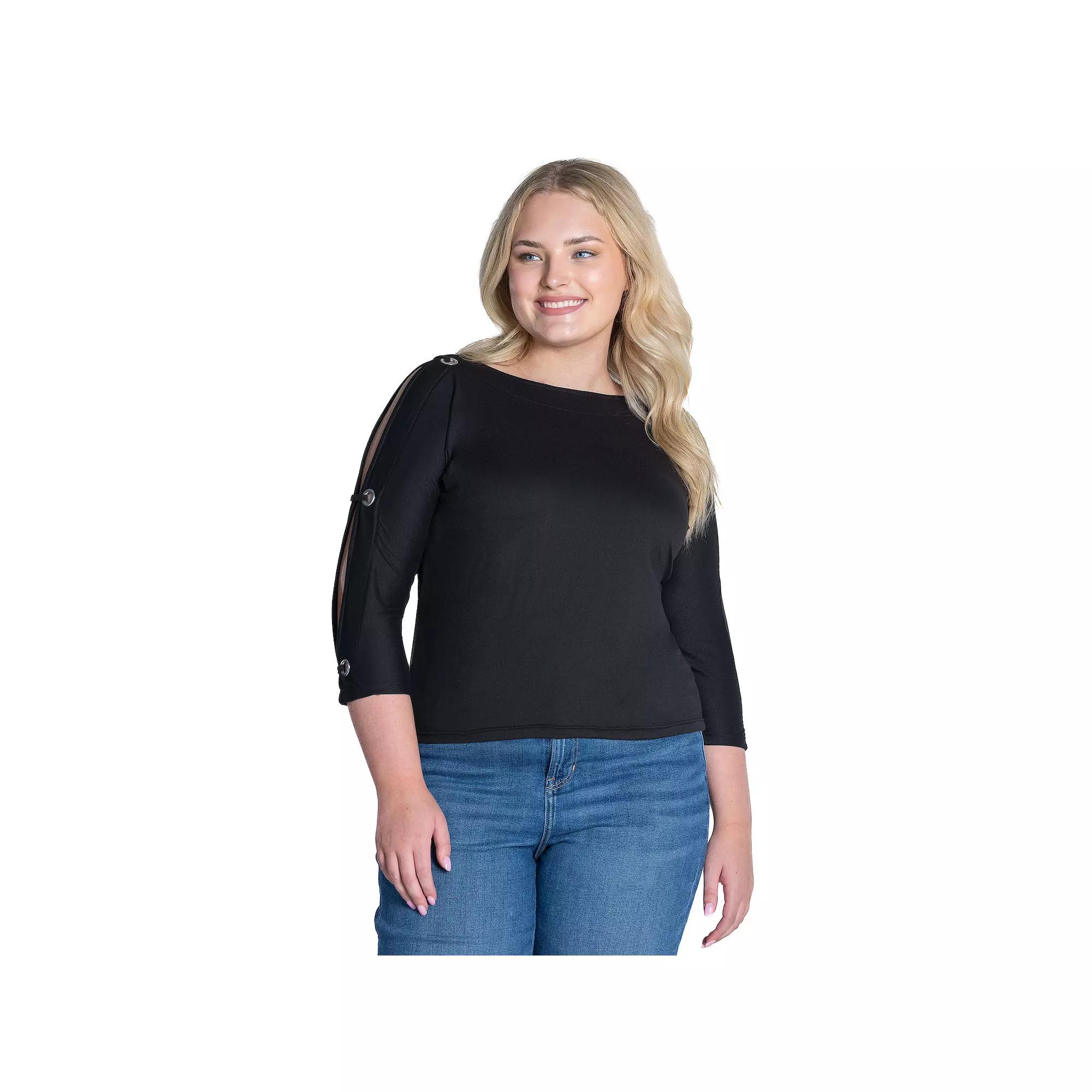 Plus Size 24Seven Comfort Apparel Boatneck 3/4-Sleeve Grommet Detailed Top, Women's, Size: 2XL, Red Product Image