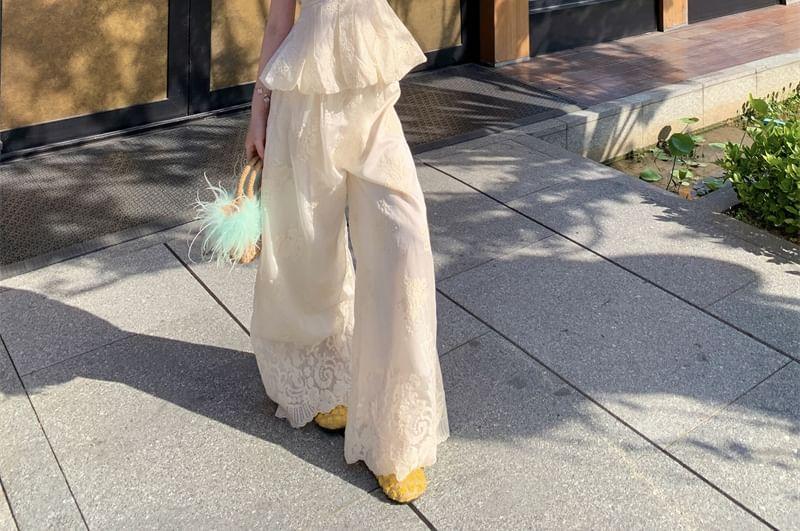 Cap Sleeve Sweetheart Neck Plain Bow Embroidered Eyelet Blouse / High Waist Wide Leg Pants Product Image