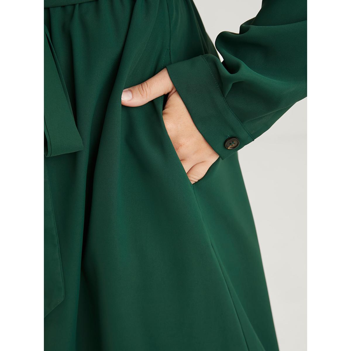 Plus Size Solid V Neck Pocket Button Asymmetrical Flutter Hem Belted Dress DarkGreen Women Office Plain V-neck Long Sleeve Curvy Long Dress BloomChic 22-24/3X Product Image