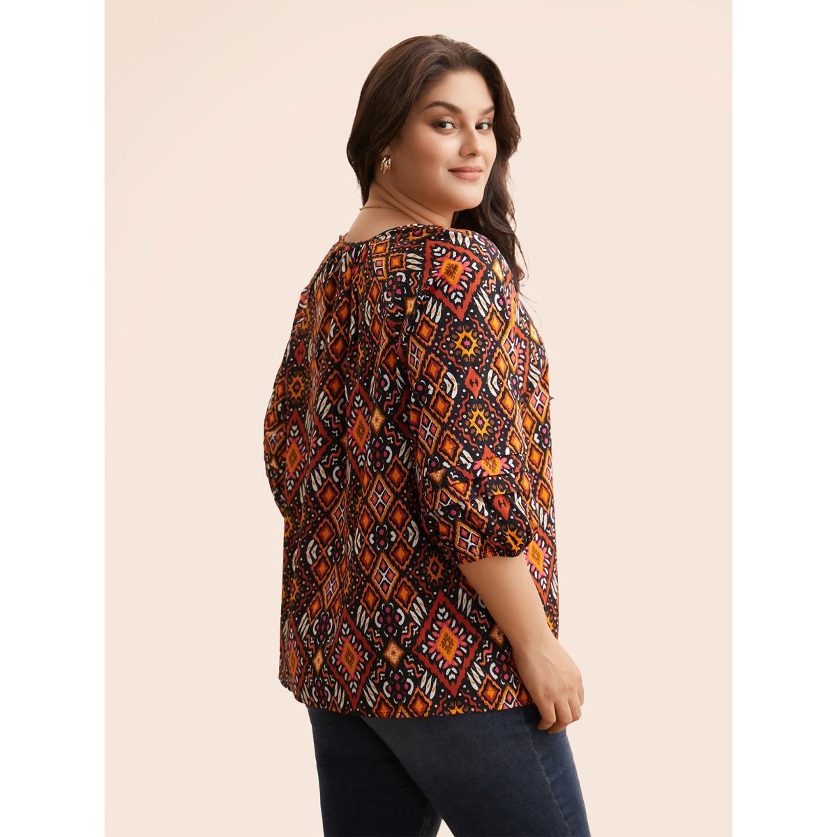 Plus Size Black Bandana Geometric Pleated Lantern Sleeve Blouse Women Timeless Elbow-length sleeve V-neck Elegant Blouses BloomChic 30/6X Product Image