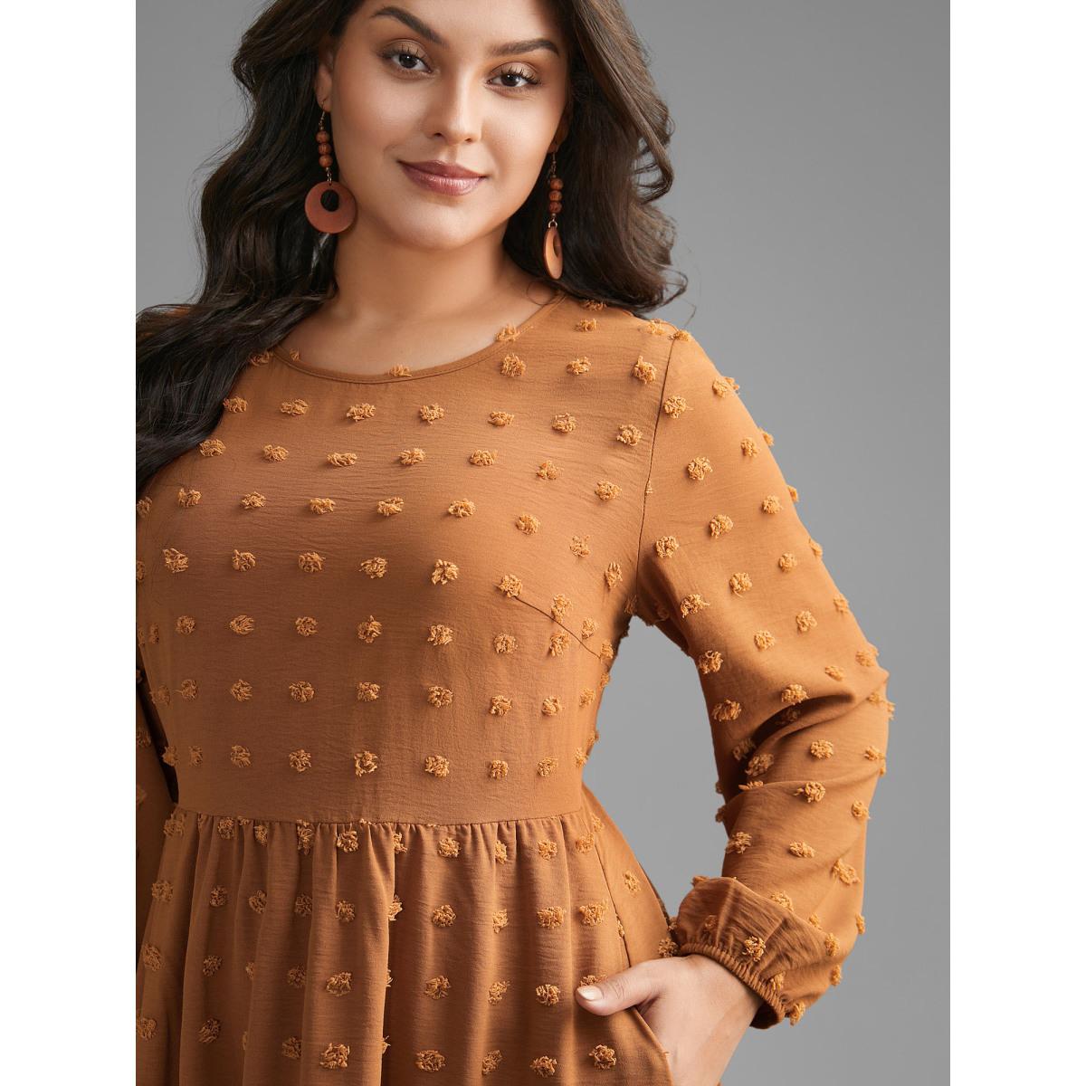 Plus Size Plain Textured Crew Neck Midi Dress Yellowishbrown Women Resort Texture Round Neck Long Sleeve Curvy BloomChic 22-24/3X Product Image