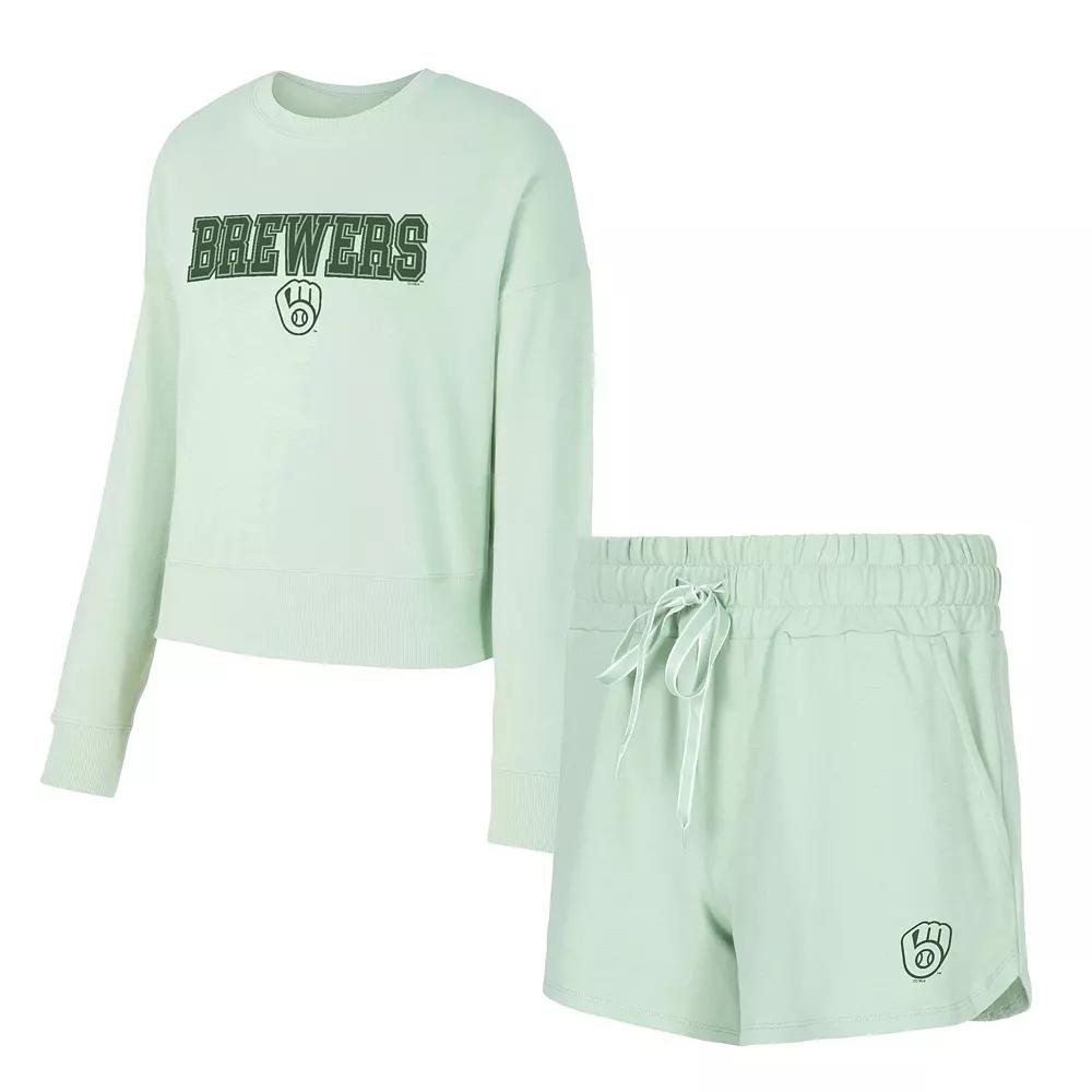Women's Concepts Sport  Light Green Milwaukee Brewers Elevation Tri-Blend Long Sleeve T-Shirt & Shorts Set, Size: XL, Lt Gre Product Image