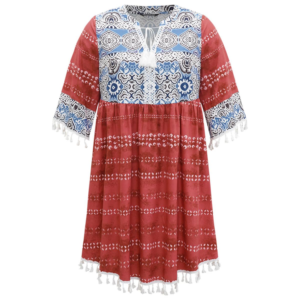 Plus Size Bandana Print Contrast Tassels Trim Ties Notched Dress Red Women Vacation Tassels Notched collar Elbow-length sleeve Curvy Midi Dress BloomChic 18-20/2X Product Image