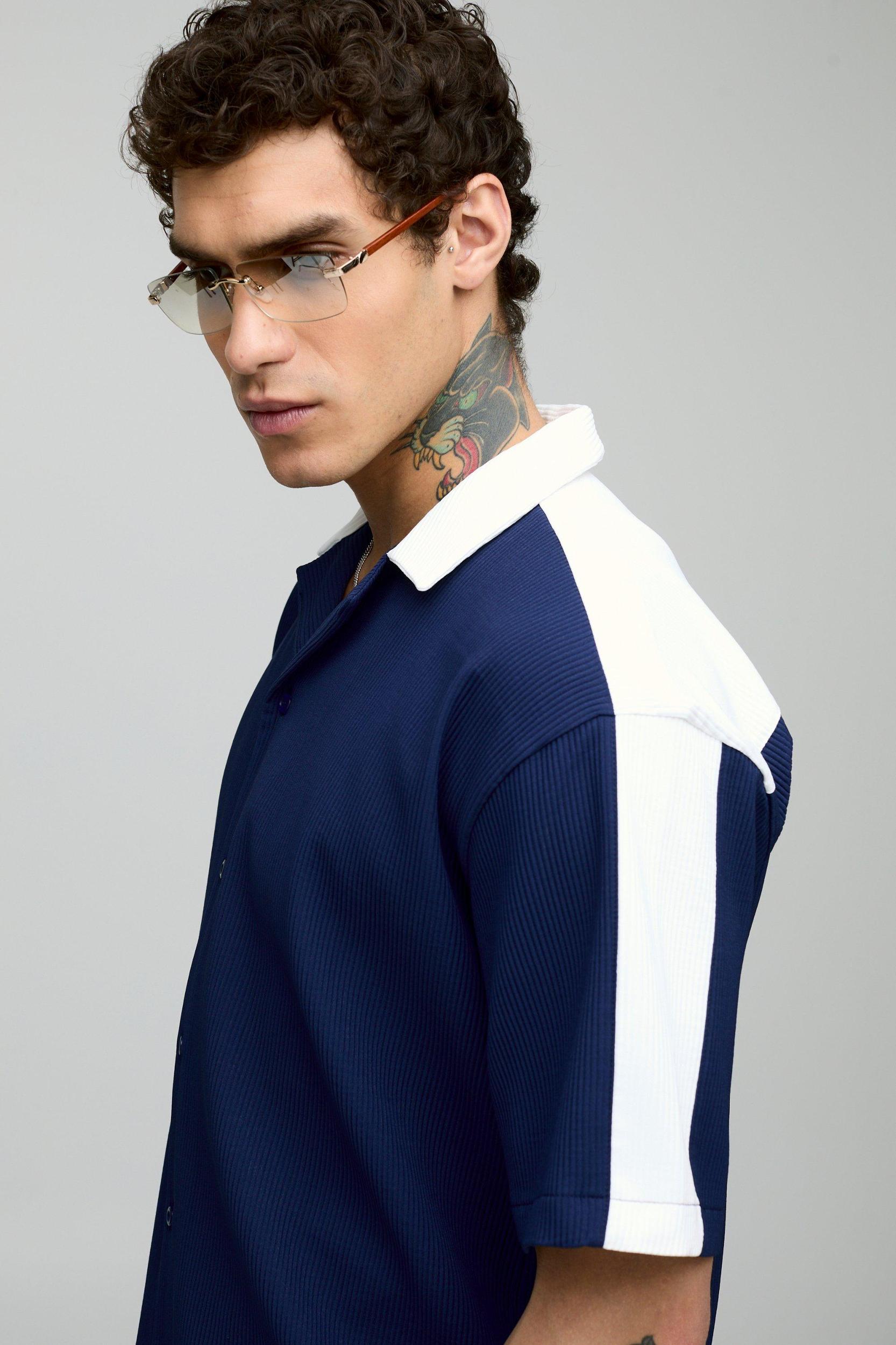 Oversized Pleated Short Sleeve Panel Shirt & Short Set | boohooMAN USA Product Image