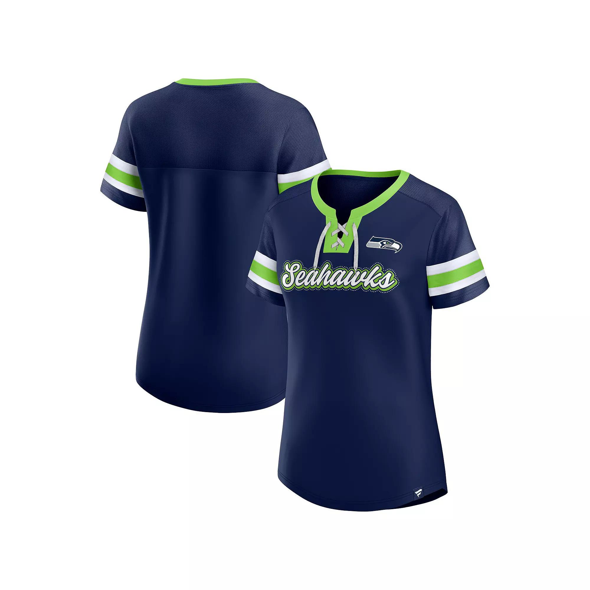 Women's Fanatics  College Navy Seattle Seahawks True Catch Iconic Rhinestone Bling Athena Lace-Up T-Shirt, Size: Medium, Team Product Image