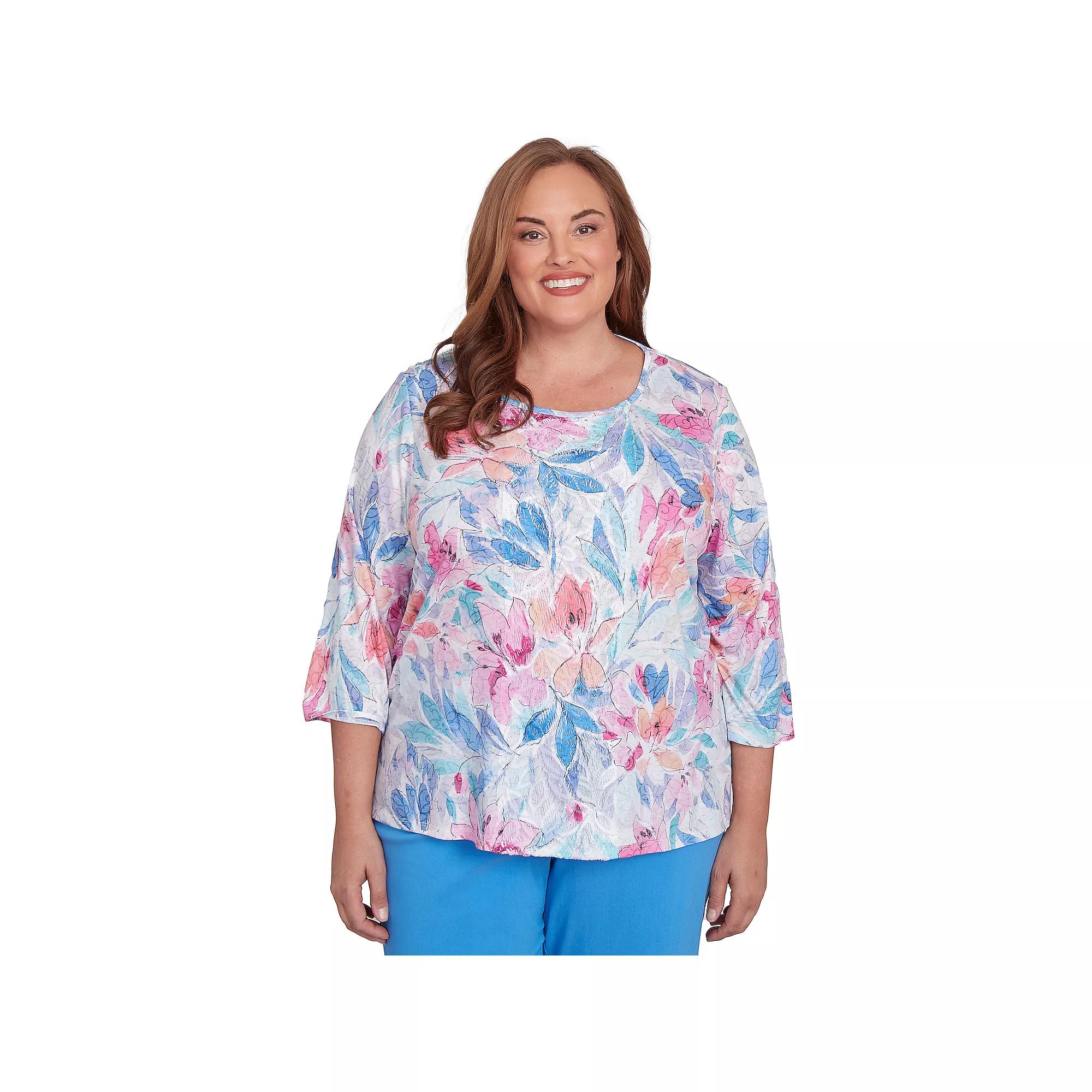 Plus Size Alfred Dunner Floral Spray Crewneck Top, Women's, Size: 1XL, Purple Team Product Image