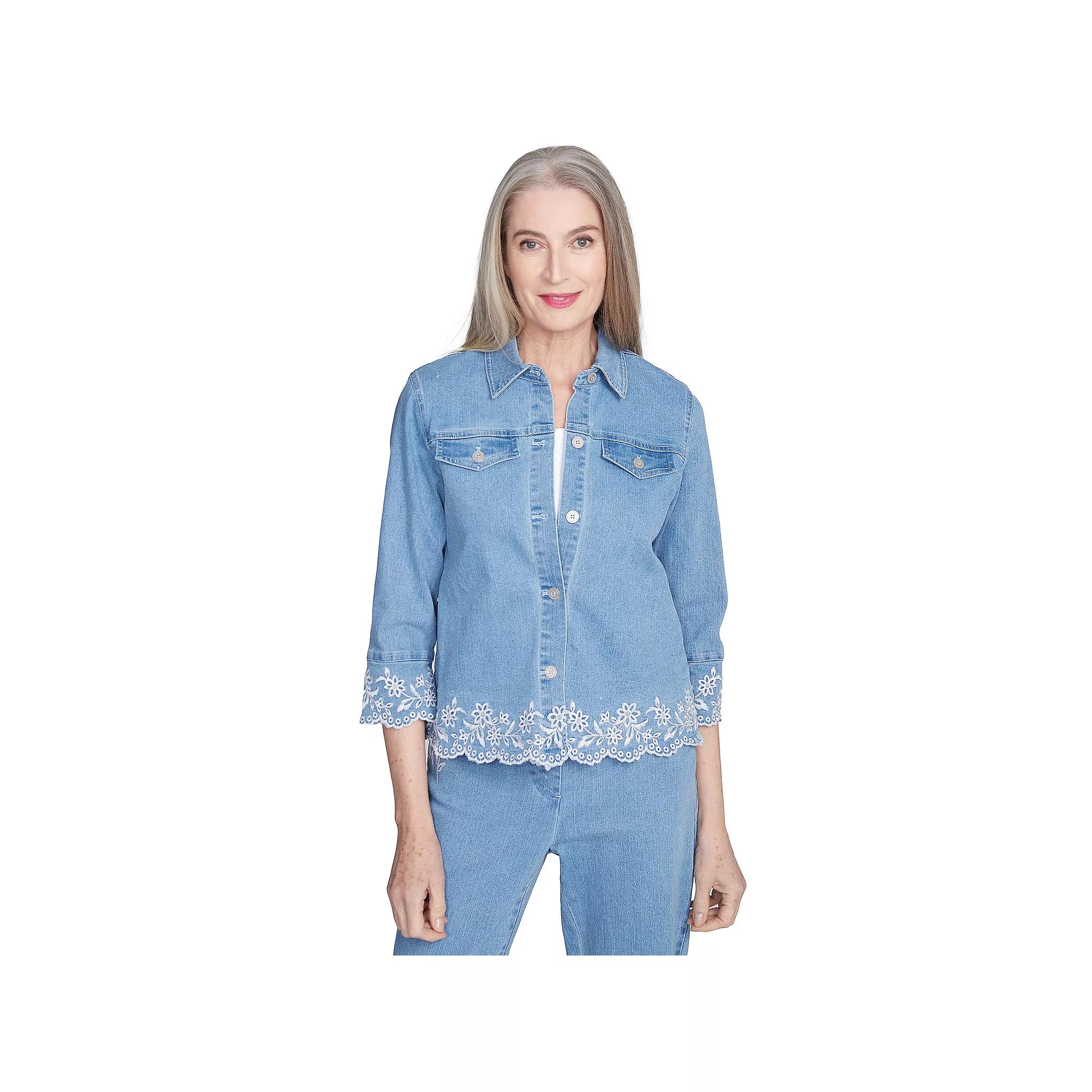 Petite Alfred Dunner Denim Floral Embroidered Jean Jacket, Women's, Size: XL Petite, Light Blue Product Image