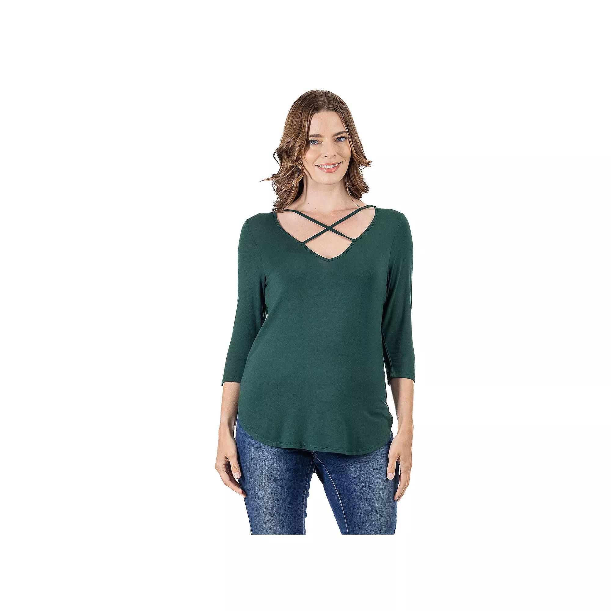 Women's 24Seven Comfort Apparel Criss Cross Round Hemline Tunic Top,  Product Image