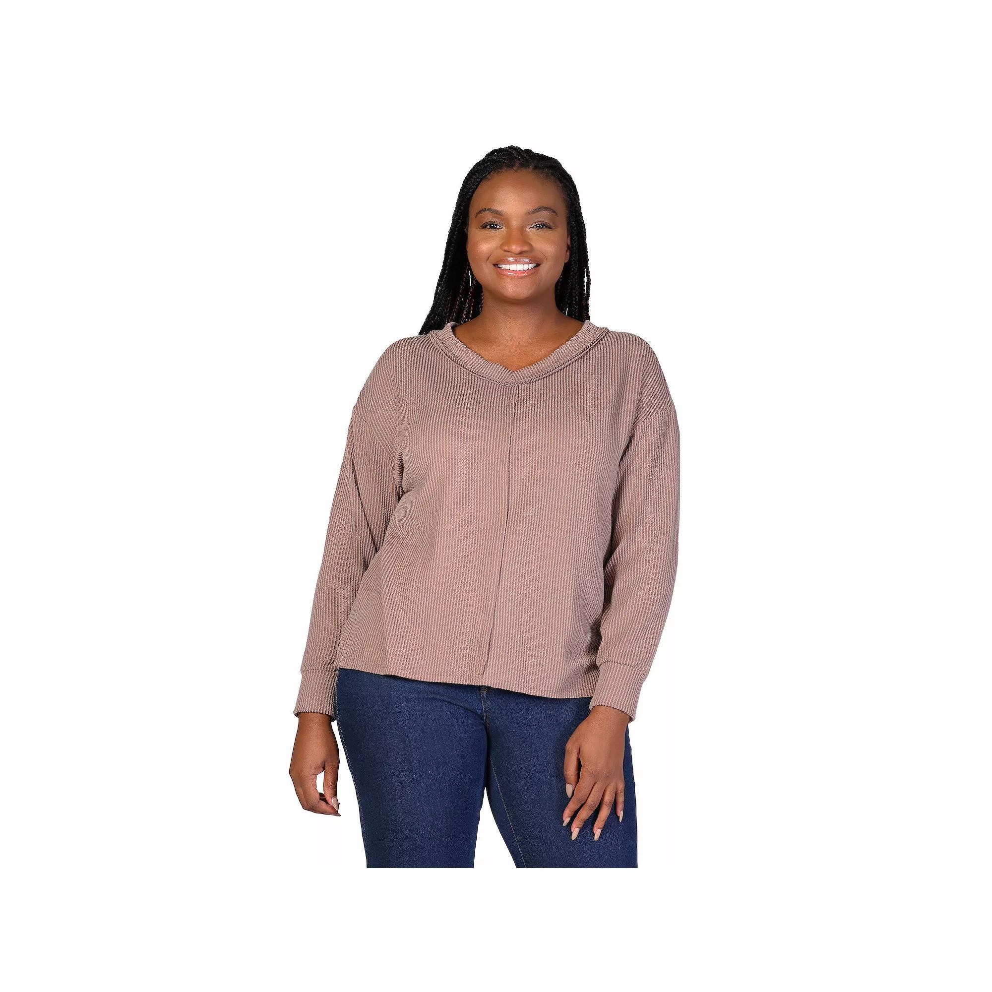 Plus Size 24Seven Comfort Apparel Relaxed Fit Ribbed Knit V-Neck Sweater, Women's, Size: 2XL, Brown Product Image