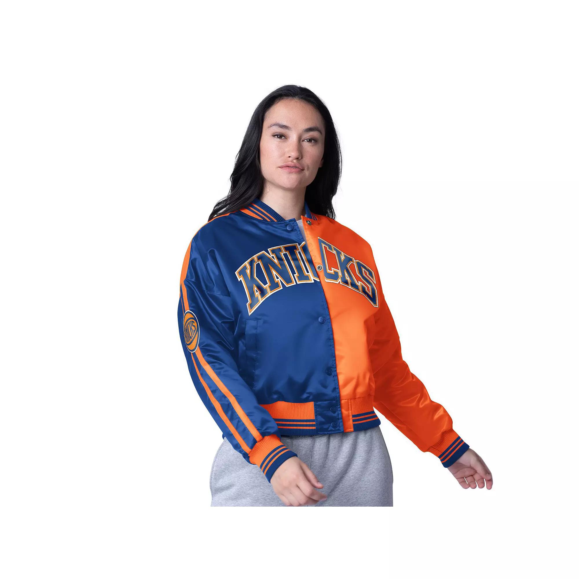 Women's Starter  Orange/Blue New York Knicks Zone Blitz Cropped Full-Snap Satin Jacket, Size: XL Product Image