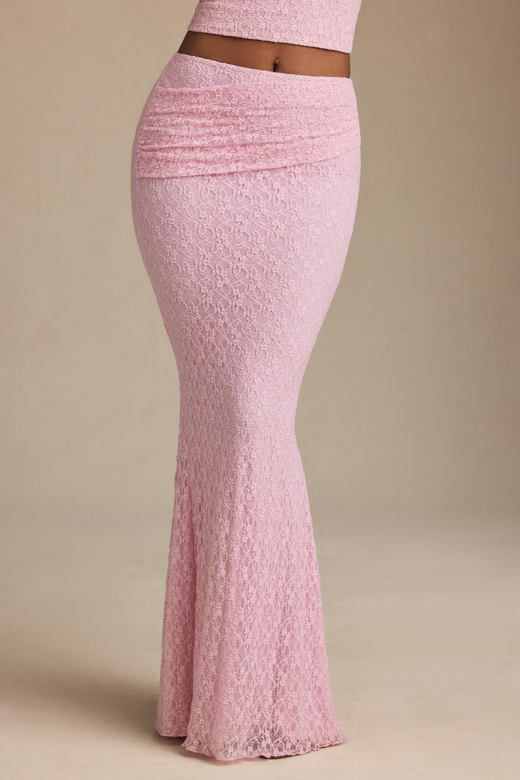 Draped Low-Rise Lace Maxi Skirt in Soft Pink Product Image