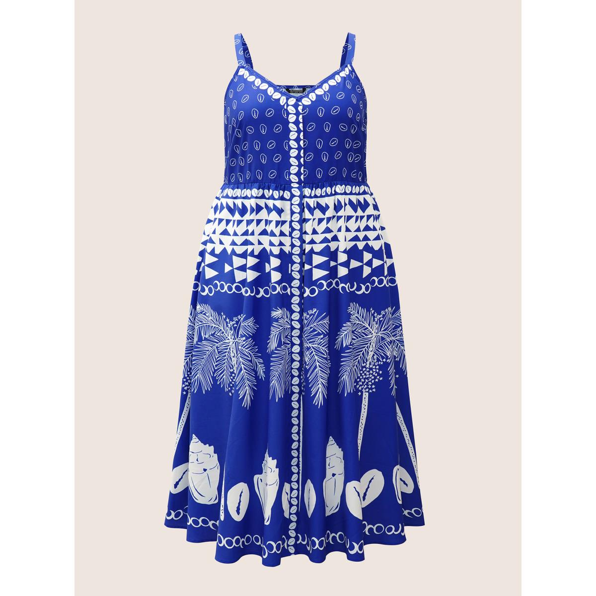 Plus Size Tropical Print Adjustable Straps Cami Dress Blue Women Resort Non V-neck Sleeveless Curvy BloomChic 12/L Product Image