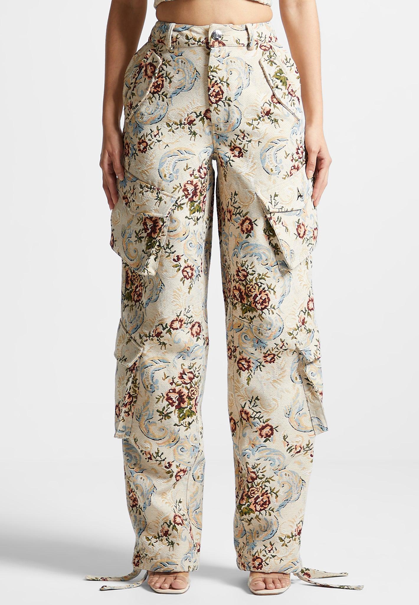 Anne - Floral Jacquard High Waisted Cargo Pants - Beige Female Product Image