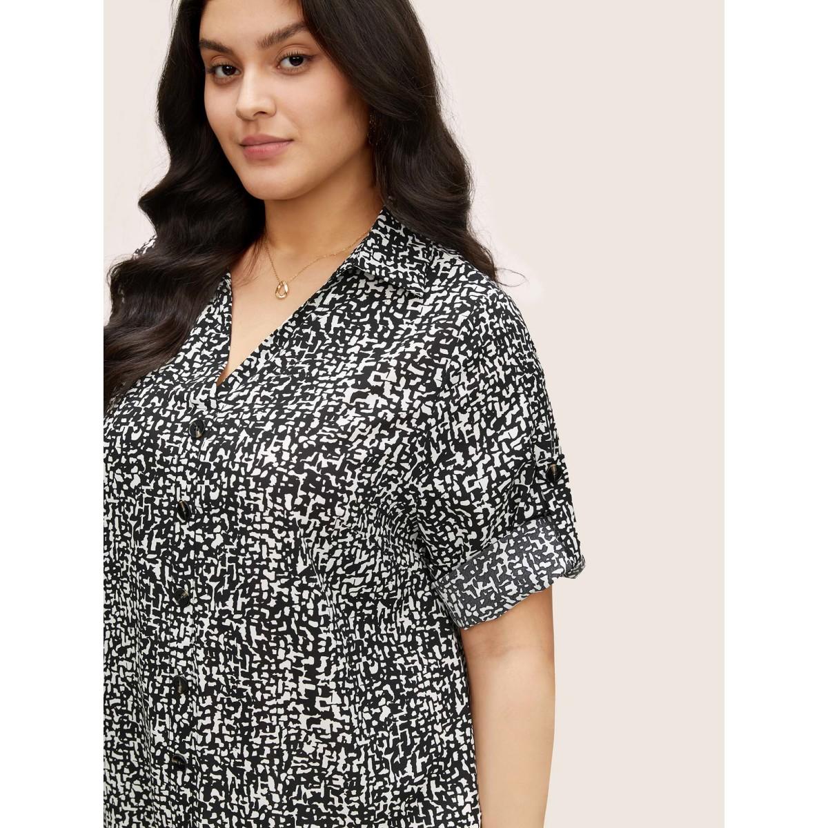 Plus Size Black Geometric Shirt Collar Button Through Tab Sleeve Blouse Women At the Office Elbow-length sleeve Shirt collar Work Blouses BloomChic 28/5X Product Image