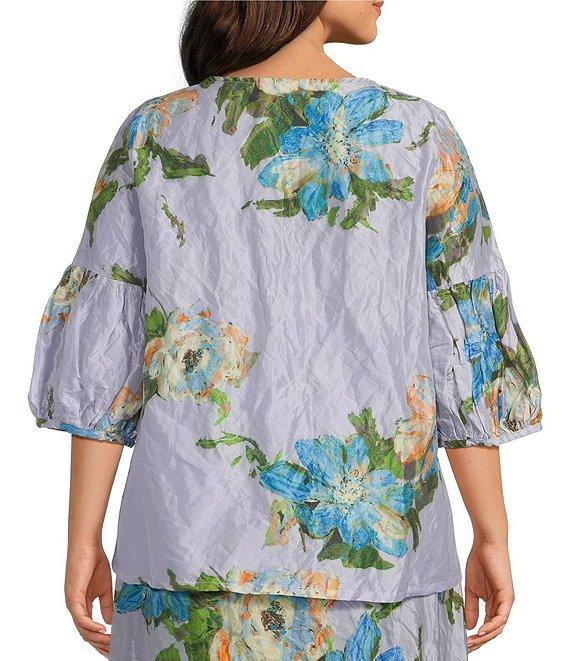 Bryn Walker Plus Size Memory Crunch Taffeta Printed Round Neck 3/4 Sleeve Lantern Shirt Product Image
