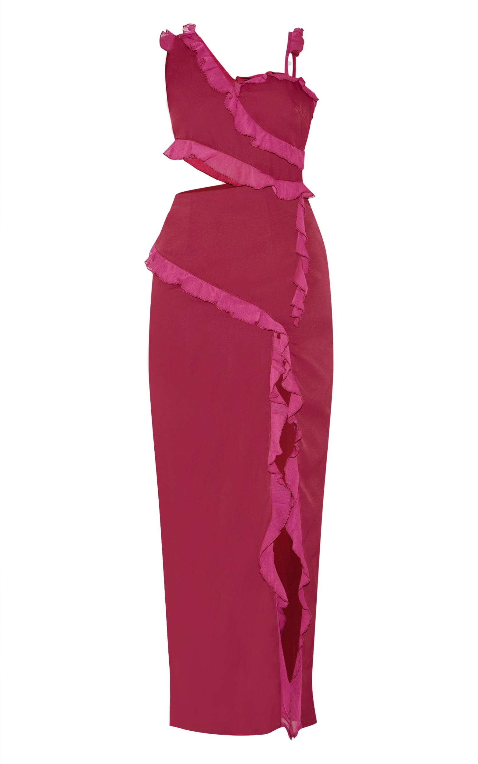 Wine Chiffon Frill Cut Out Maxi Dress Product Image