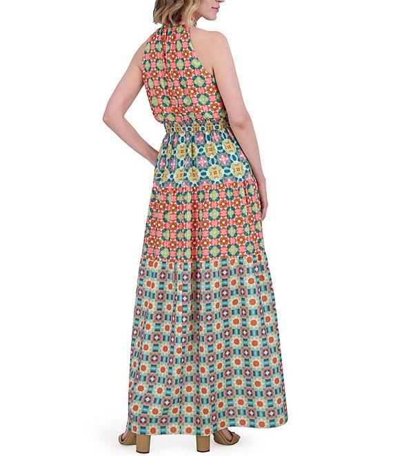 Vince Camuto Printed Halter Neckline Sleeveless Smocked Blouson Maxi Dress Product Image