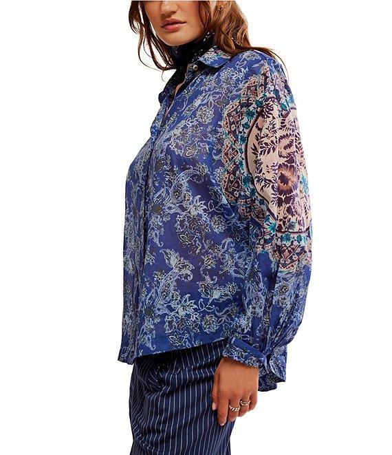 Free People Rose Bud Paisley Print Point Collar Neck Long Sleeve Button Front Blouse Product Image