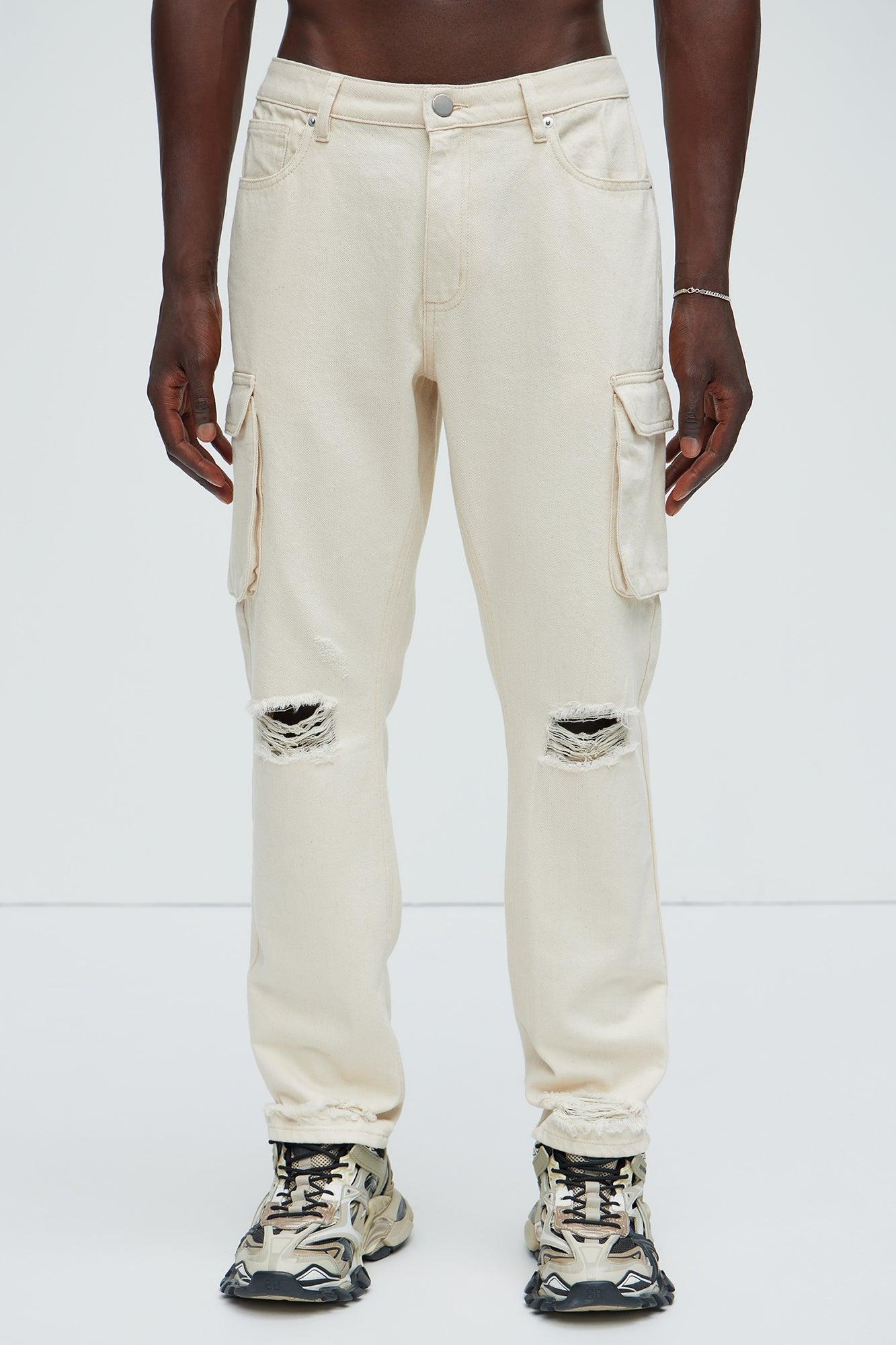 Benson Distressed Slim Cargo Pants - Cream Product Image