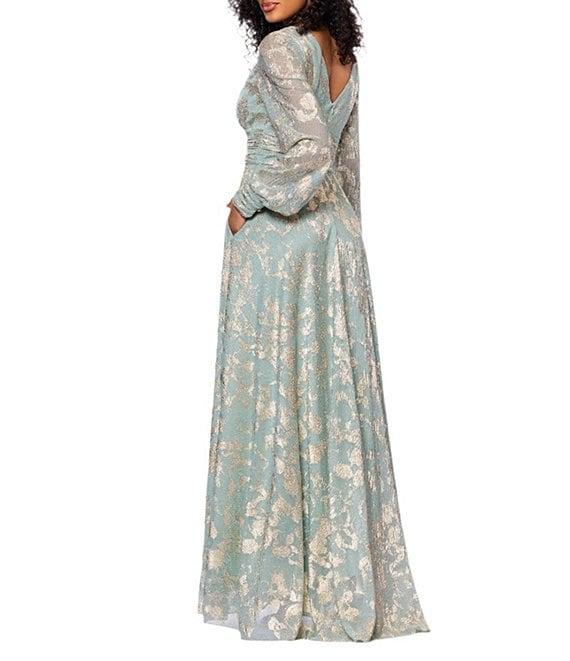 Betsy & Adam Metallic Knit Foiled Print V Neck Long Sleeve A-Line Gown Product Image