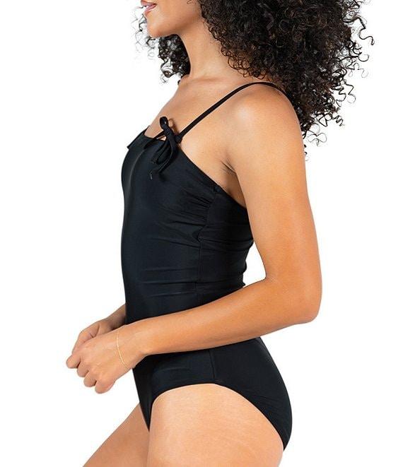 Janela Bay Solid Faux Shoulder Tie Square Neck Seamless One Piece Swimsuit Product Image