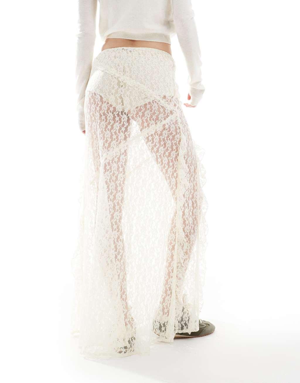 ASOS DESIGN Tall lace ruffle maxi skirt in cream Product Image
