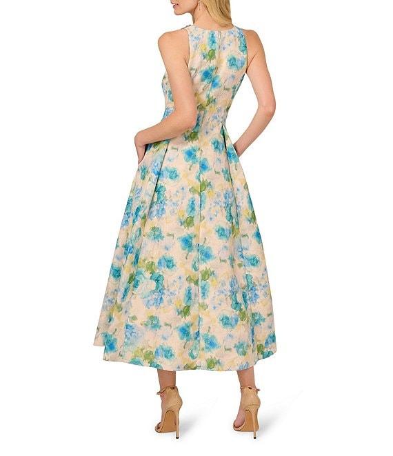 Adrianna Papell Jacquard Floral Print Halter Neck Sleeveless Rosette A-Line Midi Dress Product Image