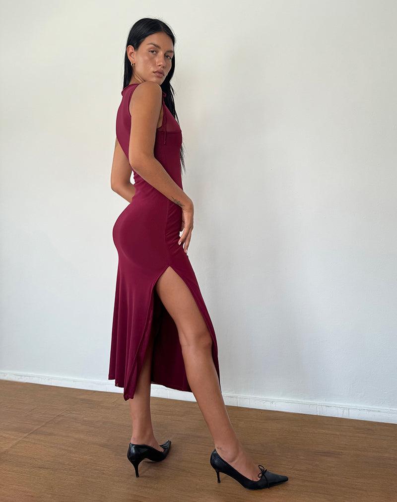 Marlo Asymmetric Midi Dress in Burgundy Female Product Image