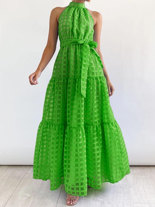 Loose Sleeveless Plaid Ribbed Stand Collar Maxi Dresses Product Image