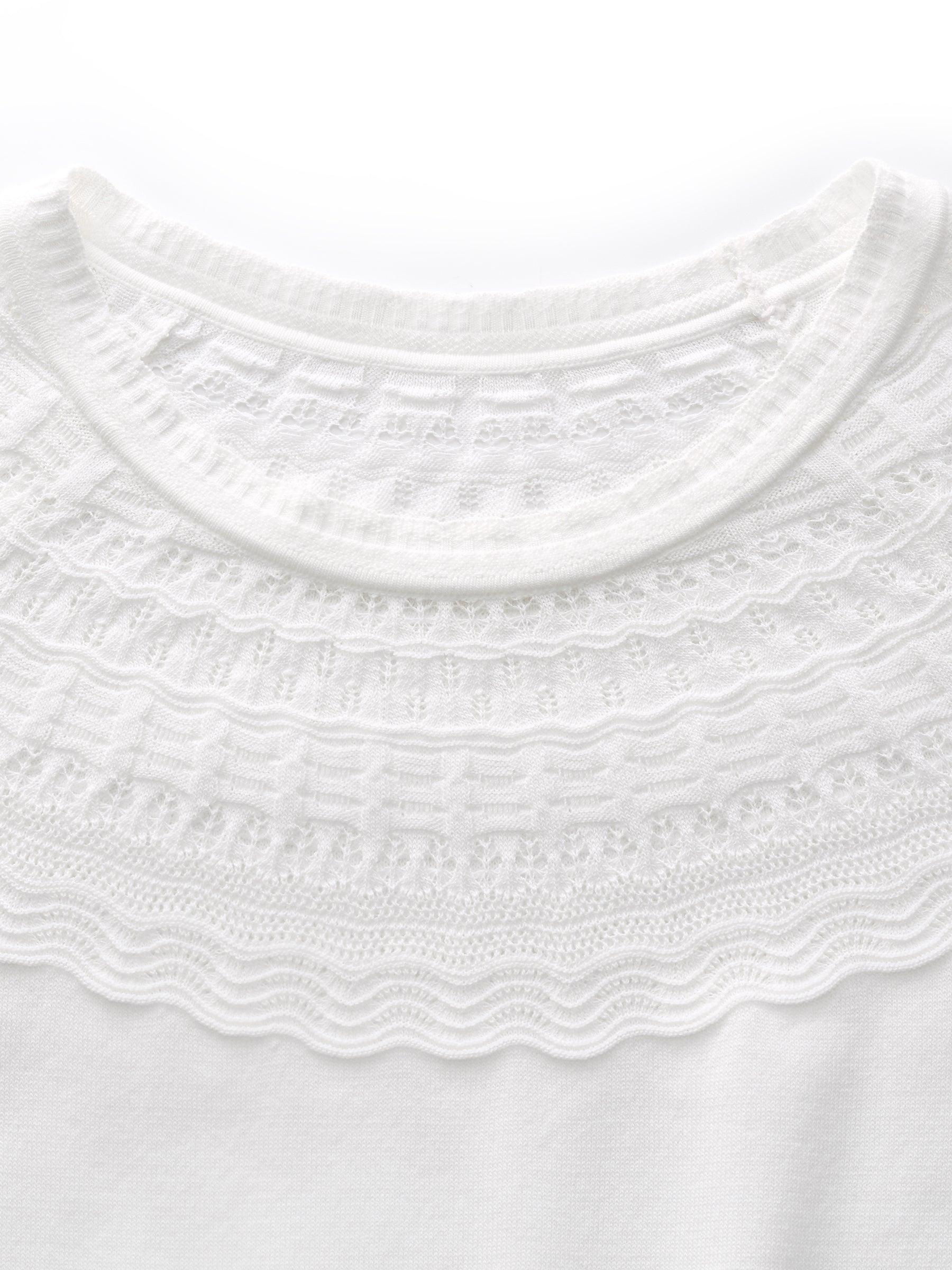 Tencel Blend Openwork Women Ruffle Round Neck Knit Top Product Image