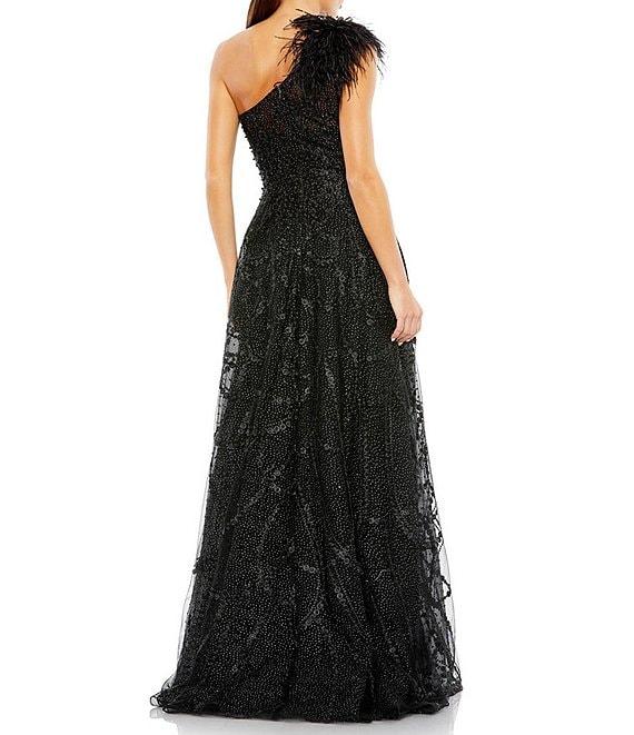 Mac Duggal Embellished Asymmetrical Neck Sleeveless Feather Shoulder A-Line Gown Product Image