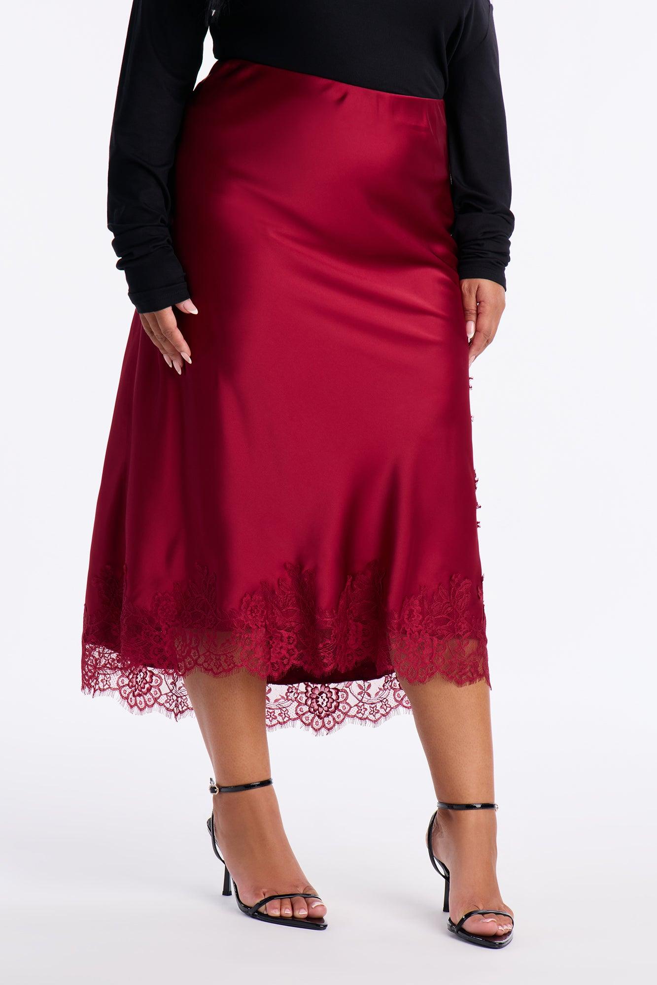 Feel The Love Lace Trim Satin Midi Skirt - Burgundy Female Product Image