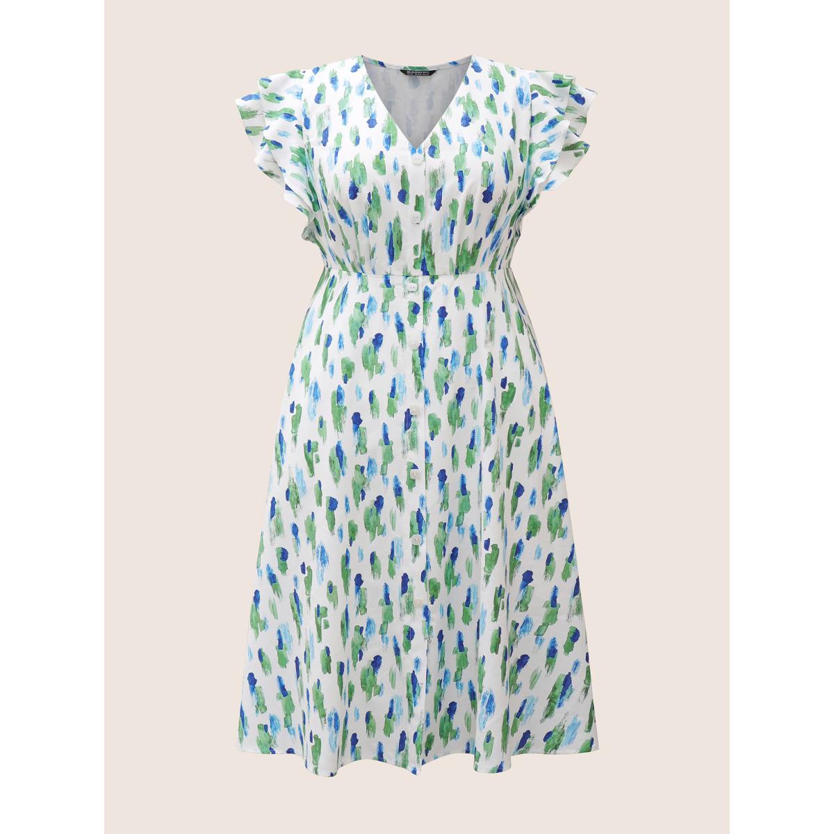 Plus Size Allover Print Tiered Ruffle Cap Sleeve Dress White Women At the Office Button V-neck Cap Sleeve Curvy BloomChic 22-24/3X Product Image