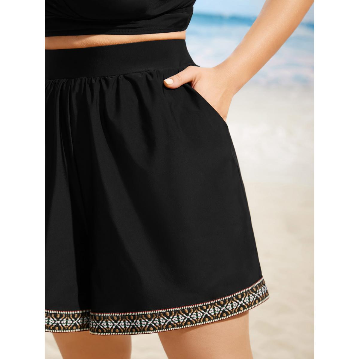 Plus Size Contrast Webbing Elastic Waist Pocket Swim Bottom Women's Swimwear Black Beach Woven ribbon&lace trim High stretch Bodycon High Rise Side seam pocket Curve Swim Bottoms BloomChic 14-16/1X Product Image