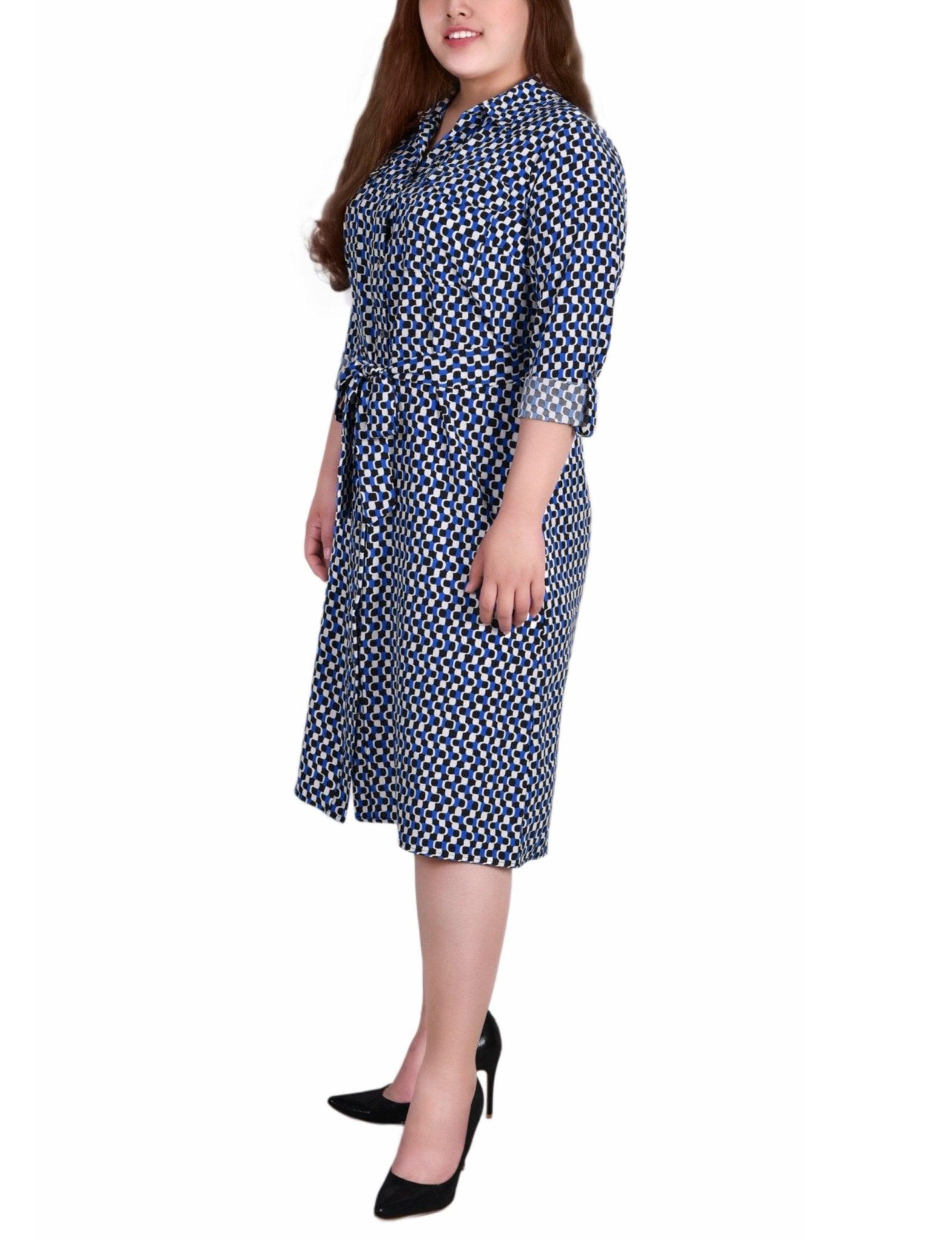 Blue Black White Geo 3/4 Roll Tab Sleeve Belted Shirtdress - Plus Product Image