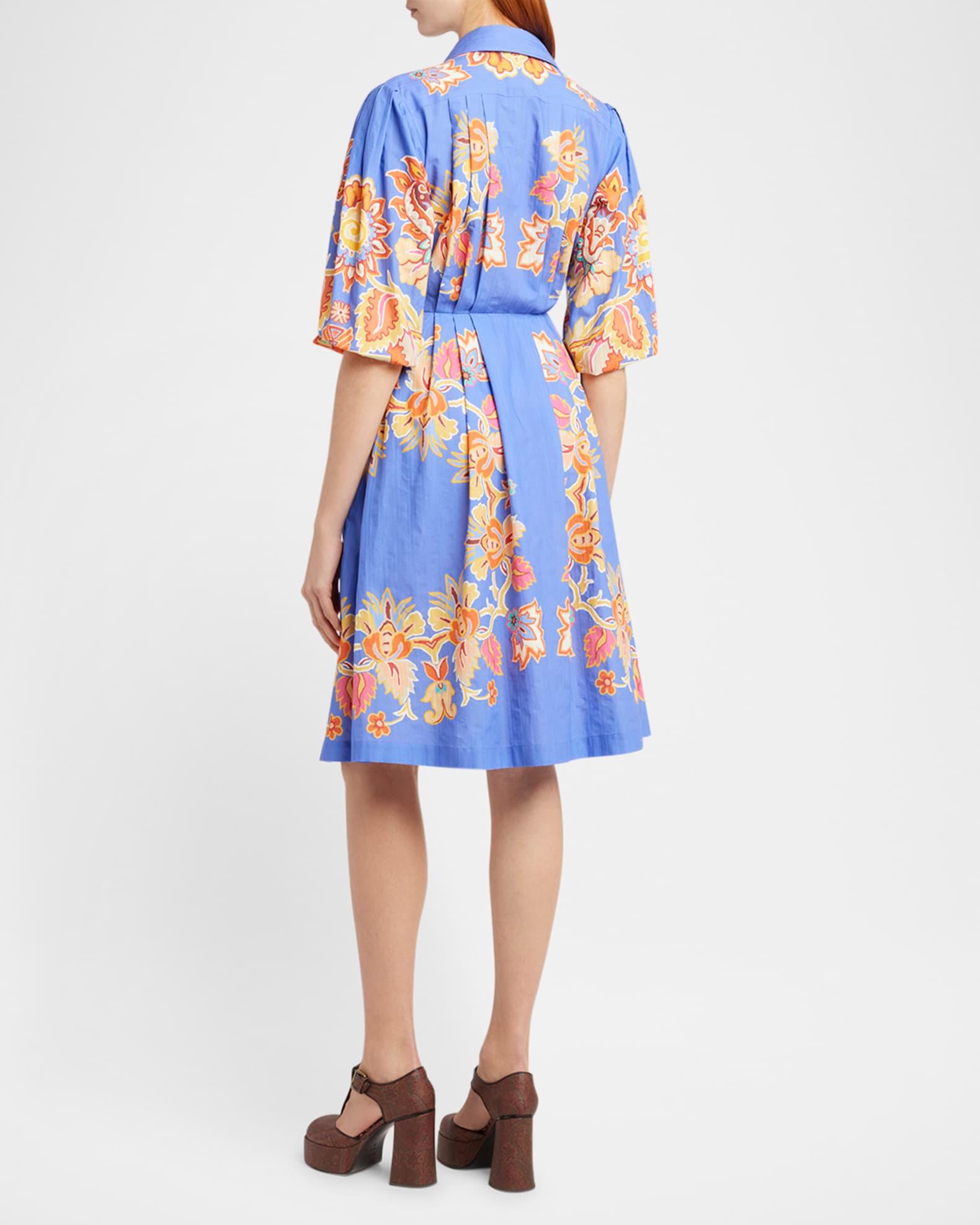 Pleated Blue Bouquet Puff-Sleeve Shirtdress Product Image