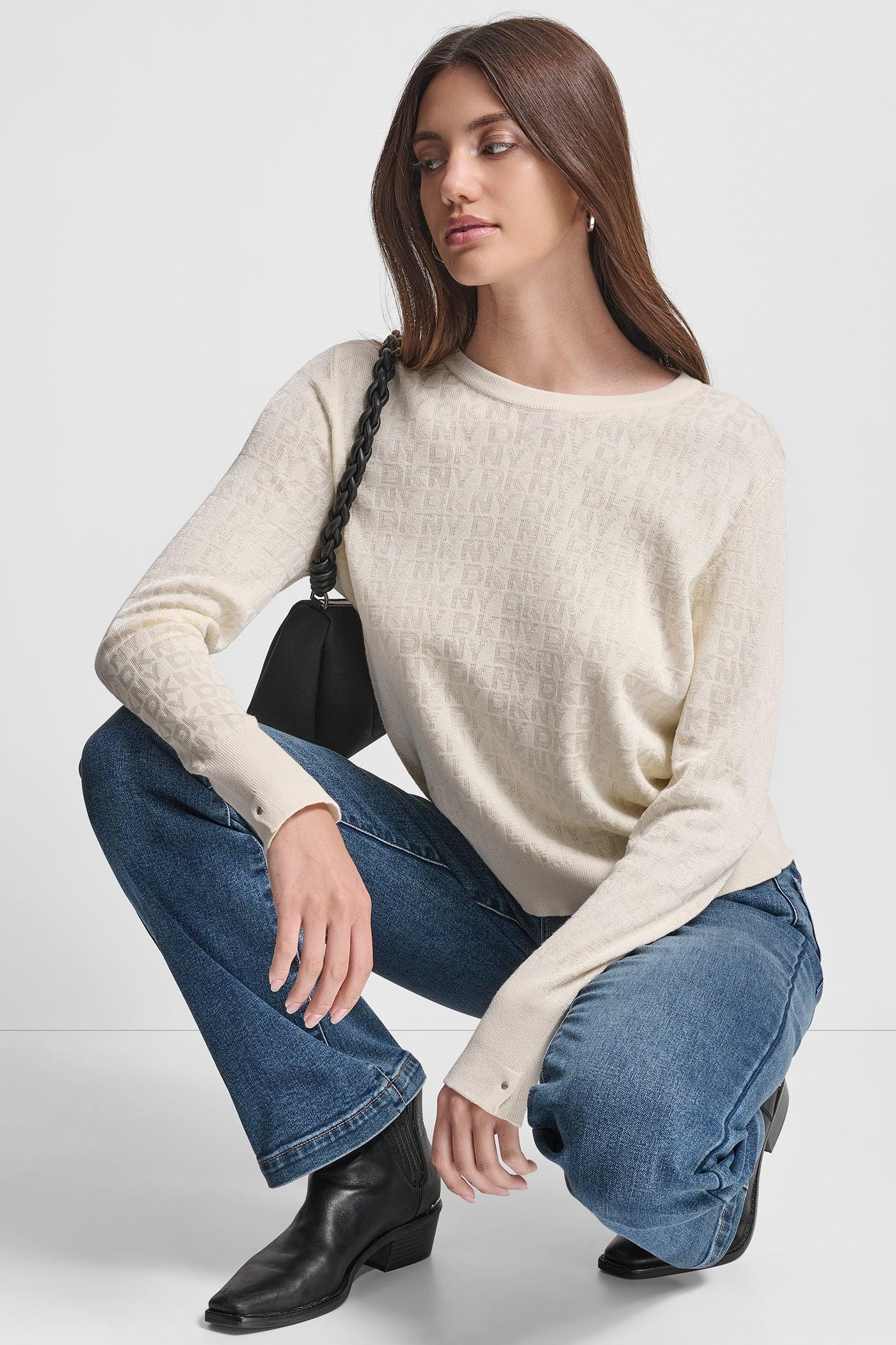 LONG SLEEVE CREW NECK LOGO SWEATER WITH CUFF SLIT Product Image