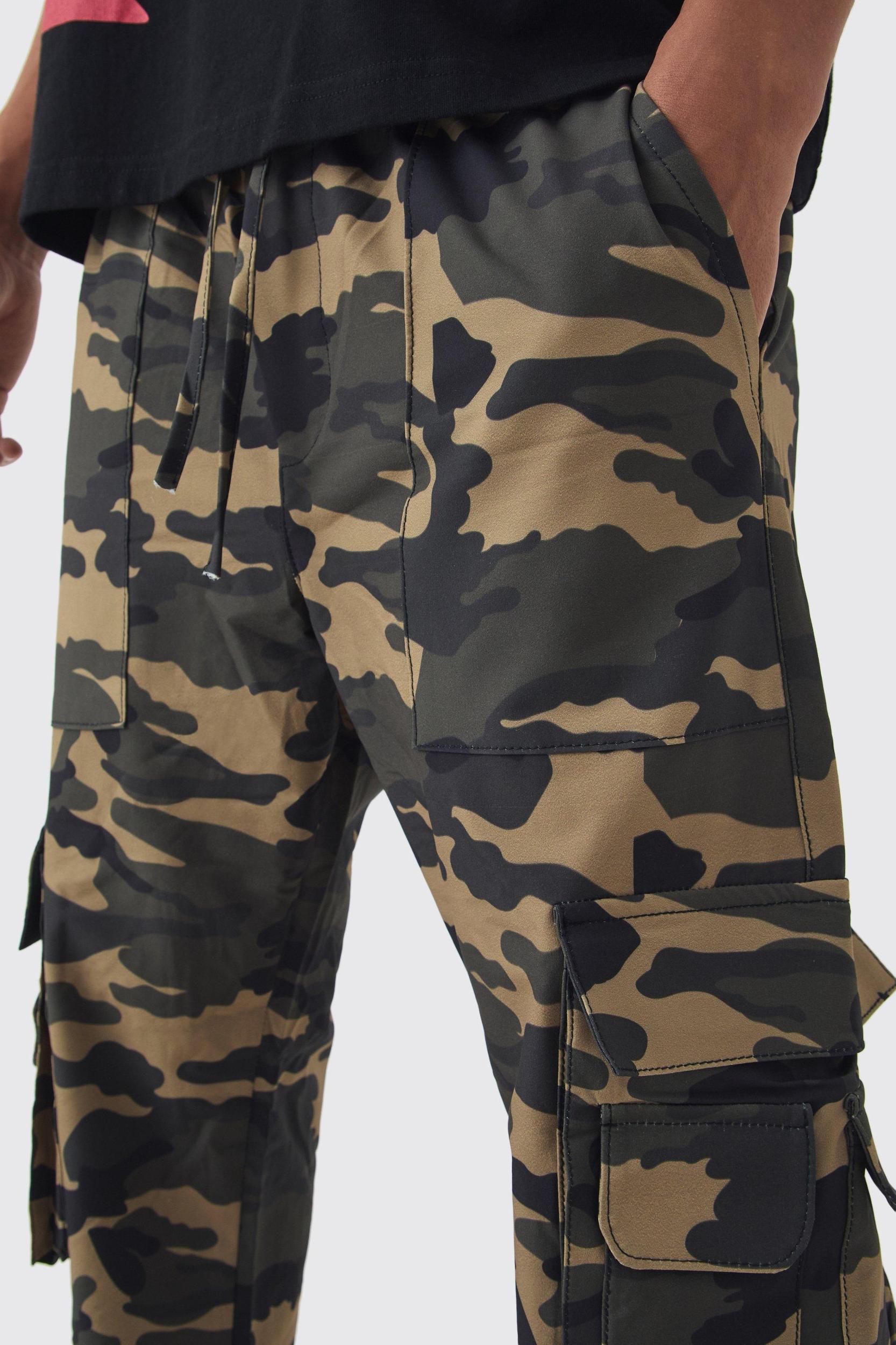Elasticated Slim Stacked Nylon Camo Cargo Pants | boohooMAN USA Product Image